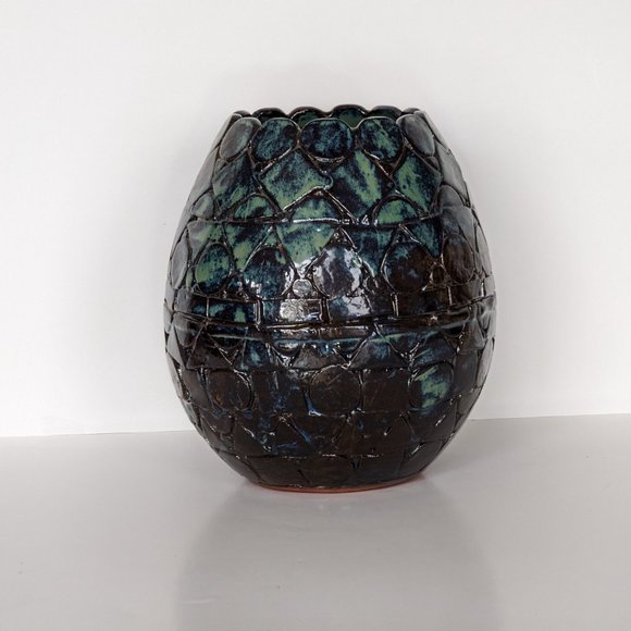 Handmade+Signed "adams" Studio Blue Iridescent Fired Clay Vase Geometric Shapes - Picture 3 of 5